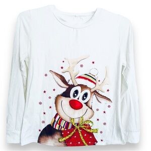 Adorable Christmas Reindeer Long Sleeve White Tee